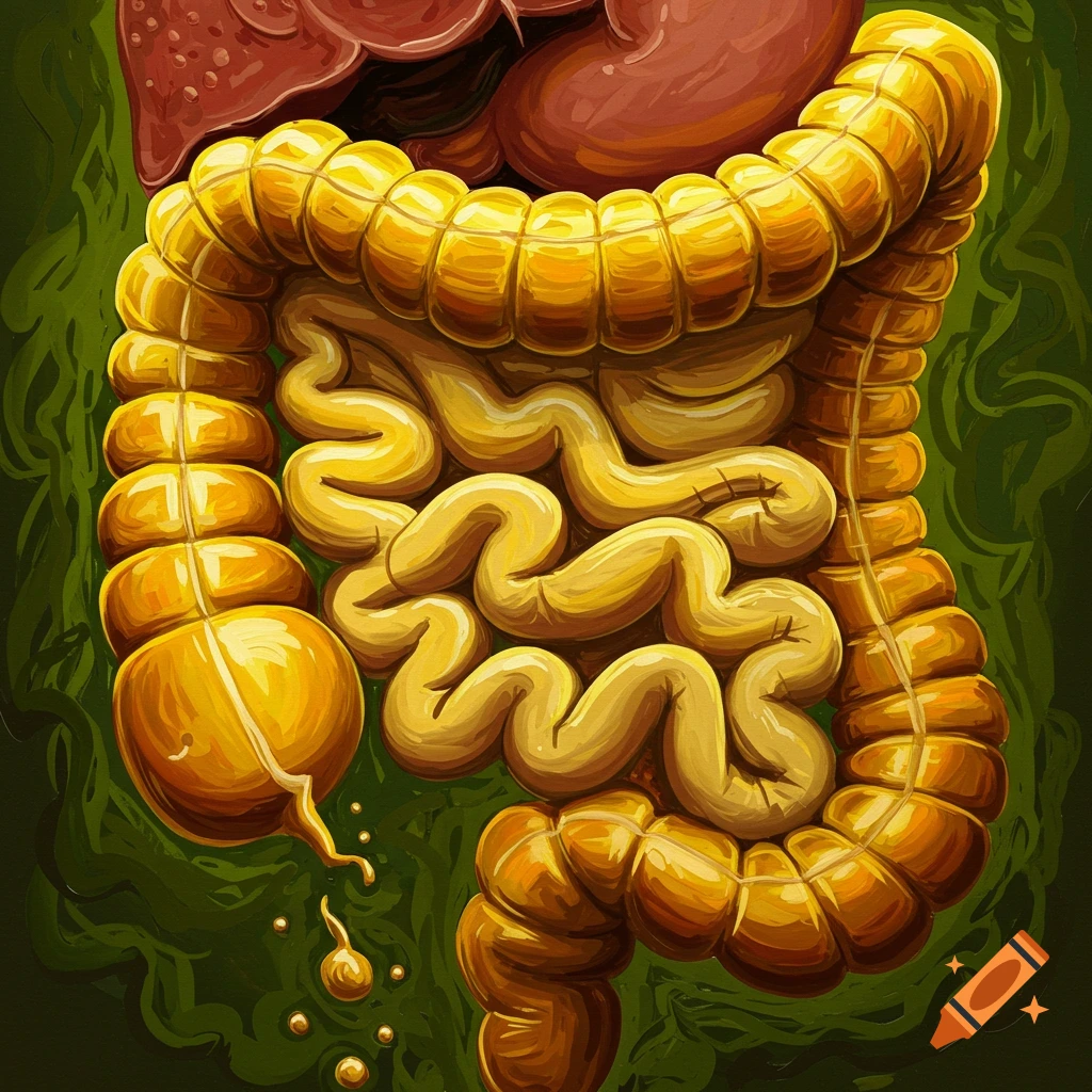 Human intestines and liver, with dripping liquid.