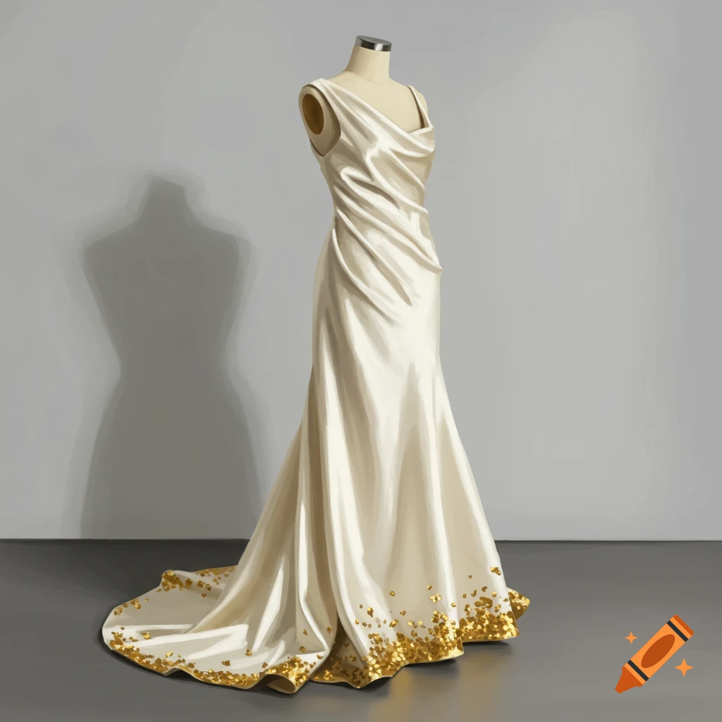 Ivory satin dress on a mannequin with gold bits at the bottom.