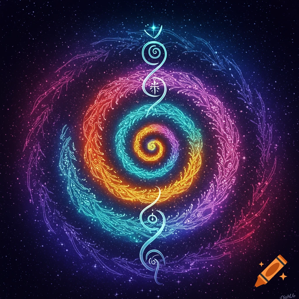 A glowing spiral sigil in cosmic colors against a starry background.