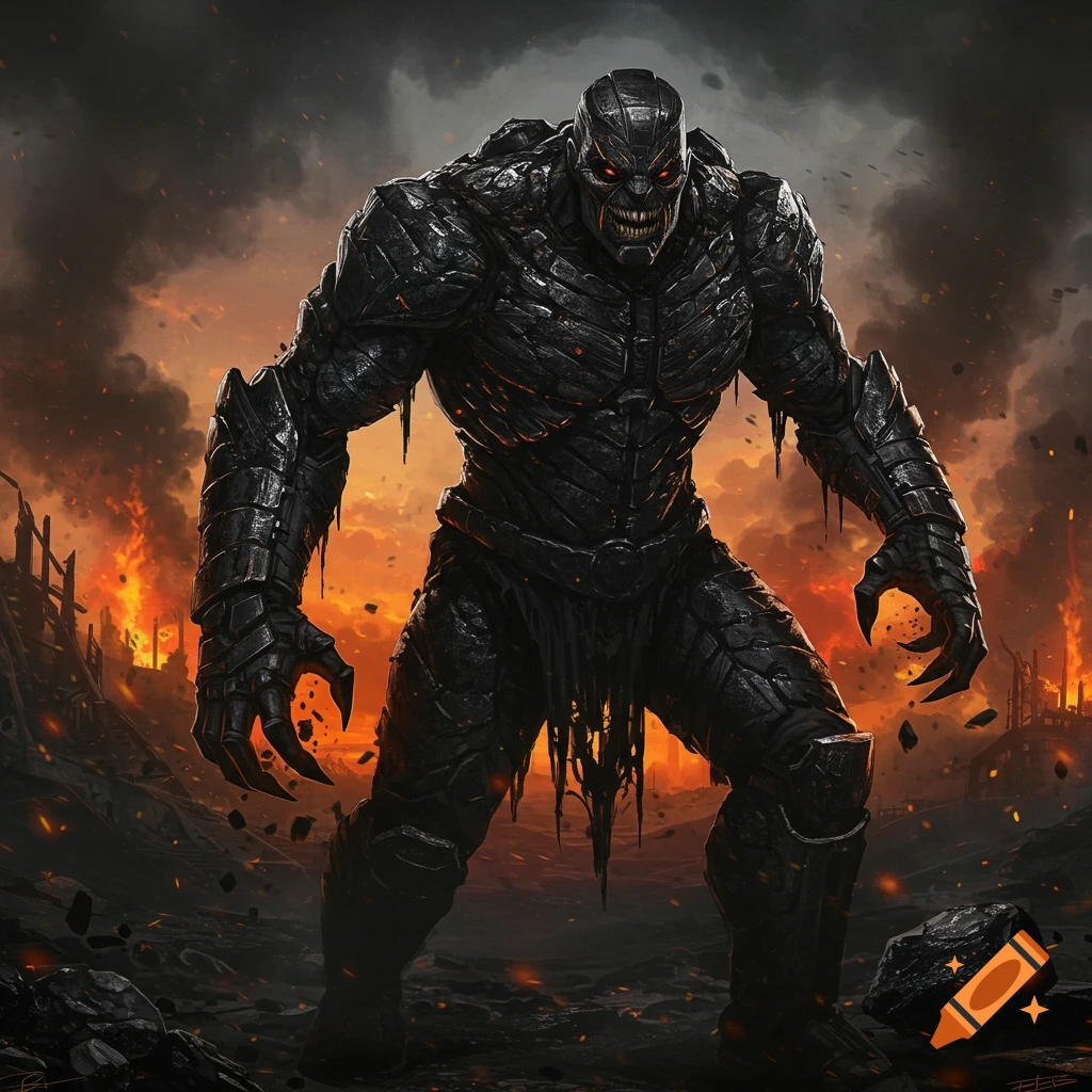 A black, armored supervillain monster stands in a fiery destroyed city.