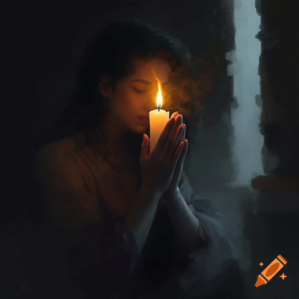 A woman praying with closed eyes, holding a lit candle in darkness.