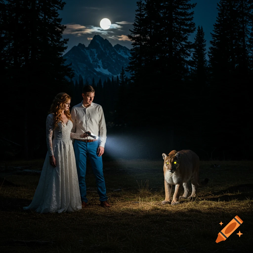 Couple with flashlight encounters mountain lion in moonlit forest in a storybook style.