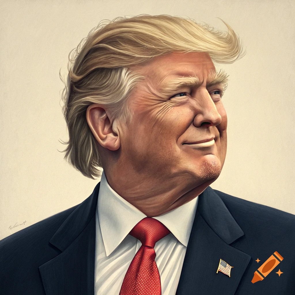 Stylized portrait of Donald Trump looking to the right, wearing a dark suit and red tie.