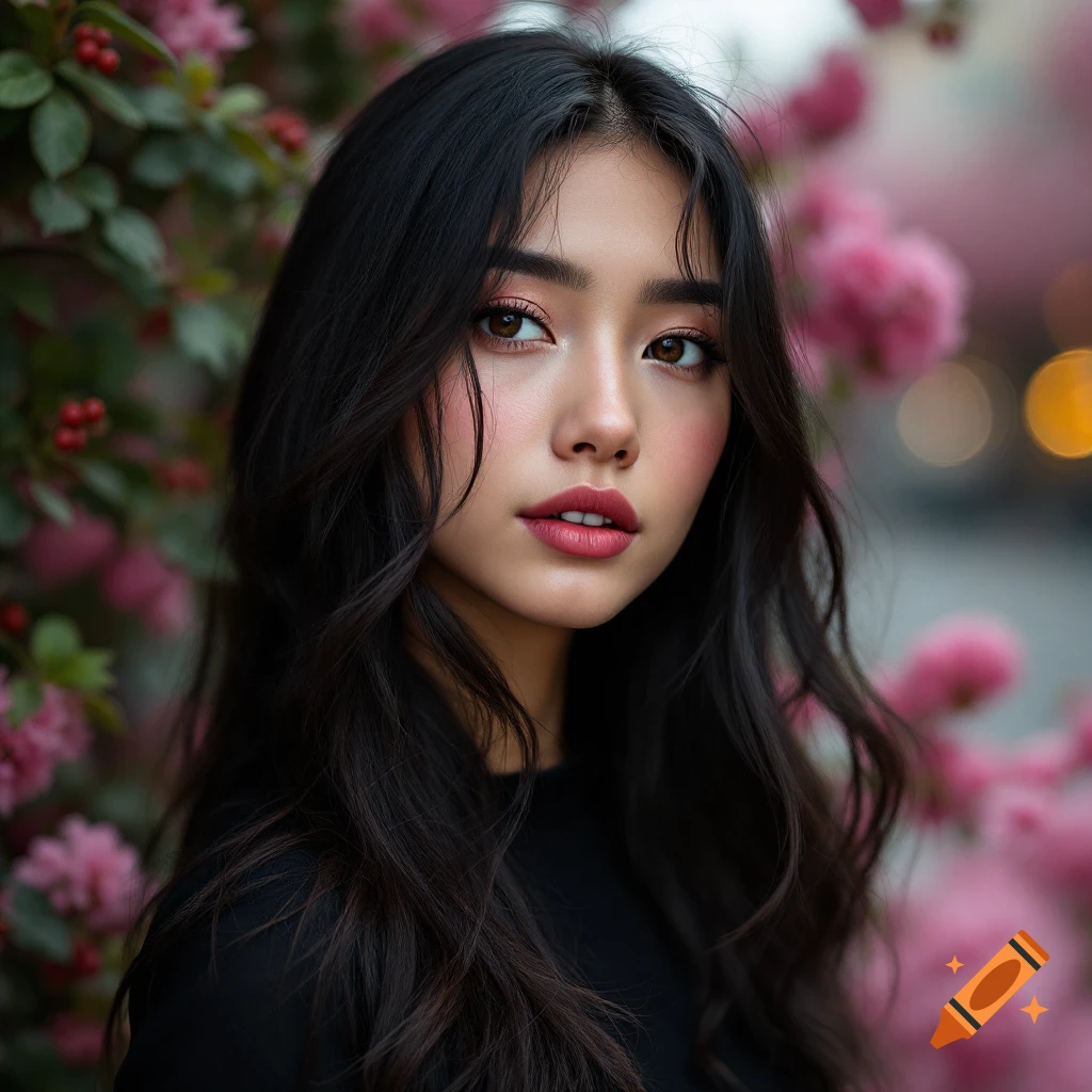 A photorealistic portrait of a woman with dark hair among pink flowers.