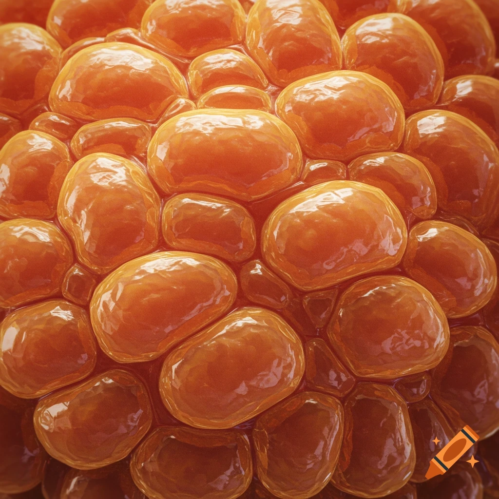 Close-up of round, shiny orange shapes clustered together