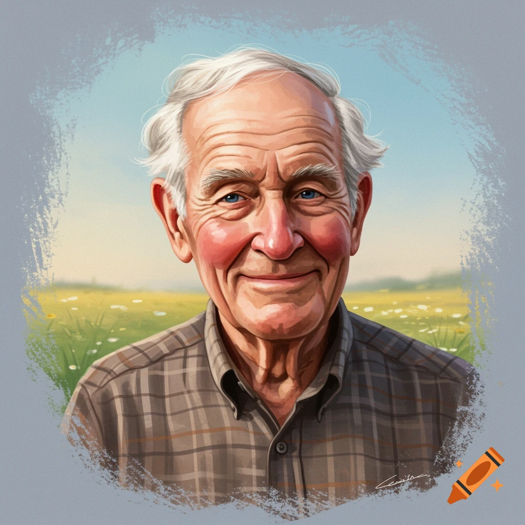 An elderly man with a kind smile, wearing a plaid shirt, in front of a meadow.