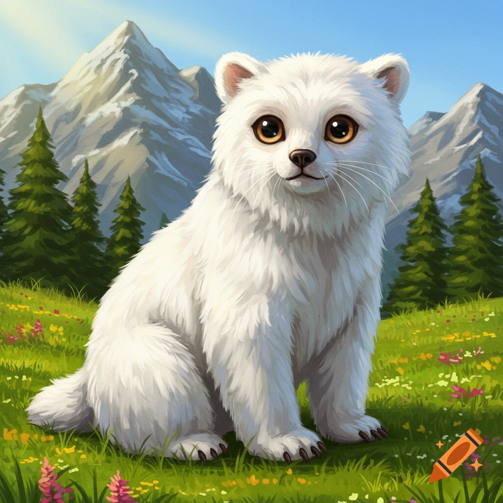A fluffy white creature with large eyes sitting in a mountain meadow.