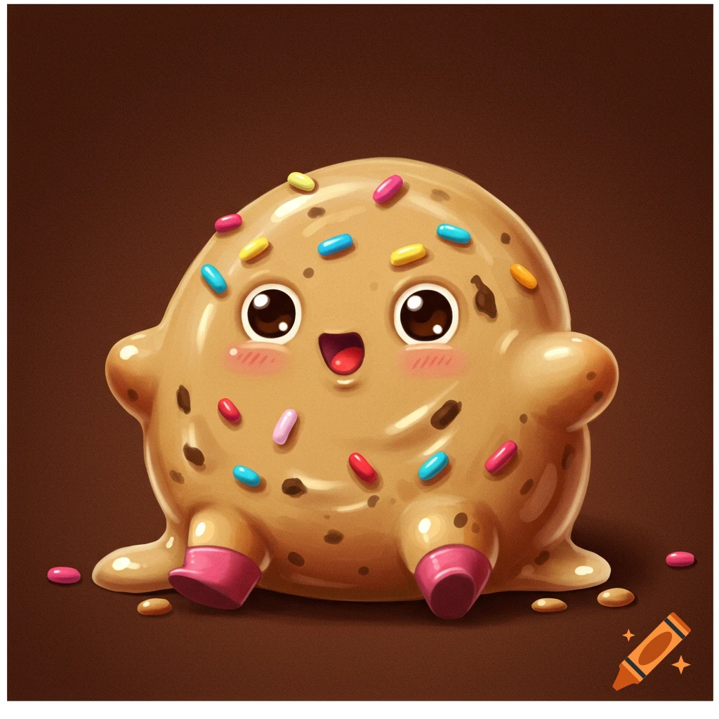 A cute, blobby cookie dough creature with sprinkles and pink boots sits on a brown background.