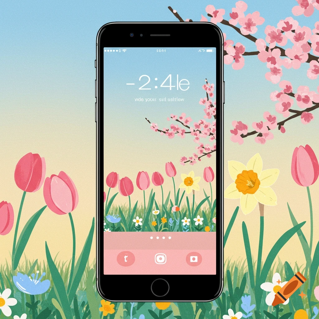 A phone screen shows a spring wallpaper with tulips, daffodils, and cherry blossoms.