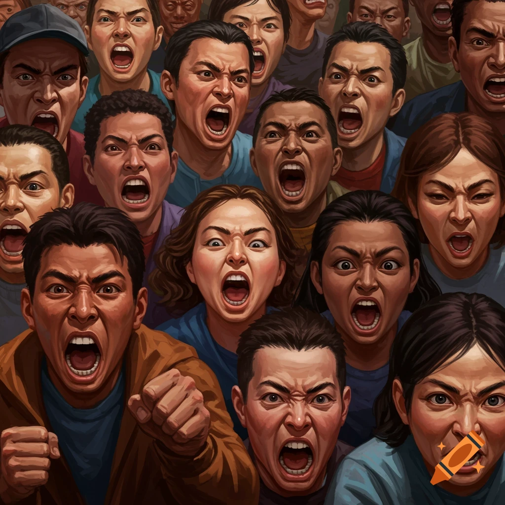 A crowd of diverse people with angry, yelling faces.