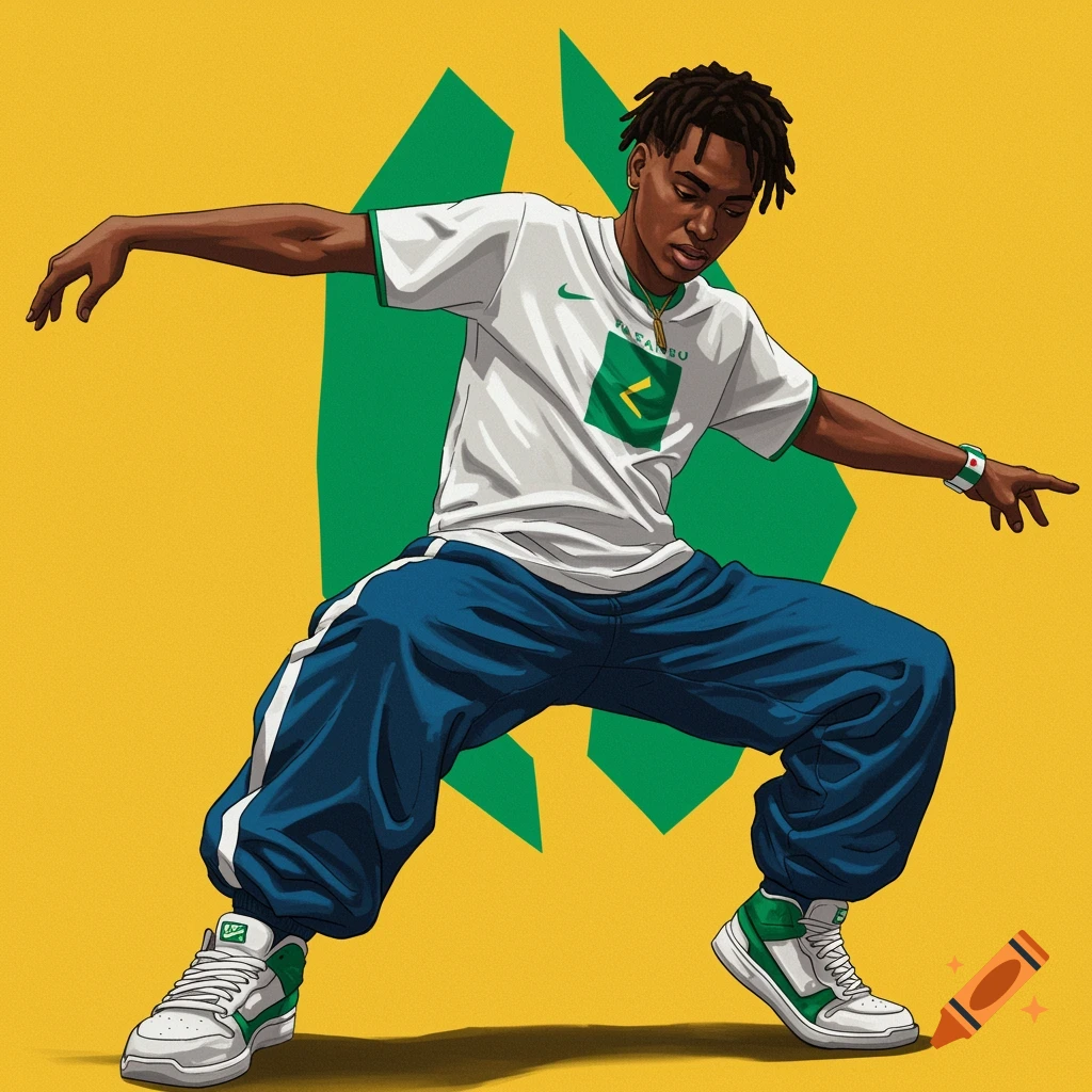 a young person with dreadlocks posing, wearing a white and green shirt, blue pants, and sneakers against a yellow and green background.