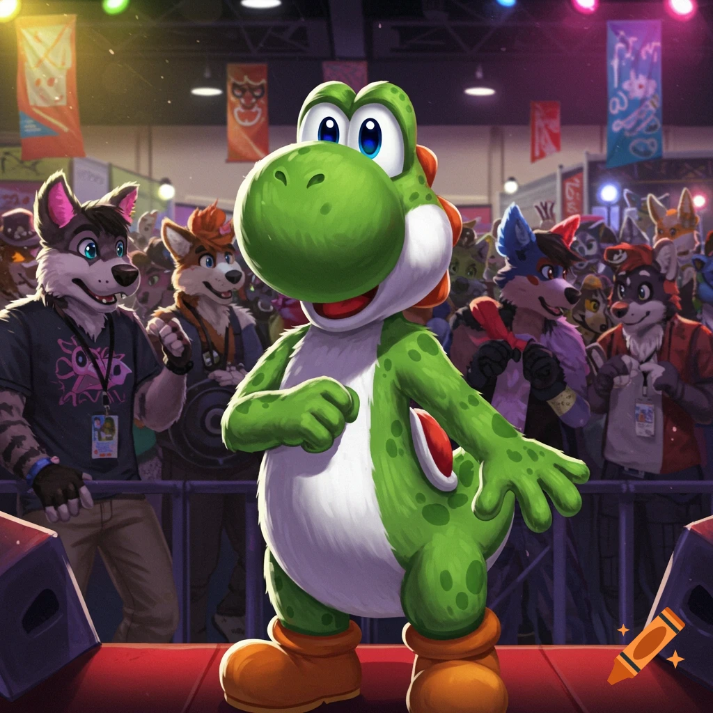 Yoshi stands on a stage in front of a crowd of furries at a convention.