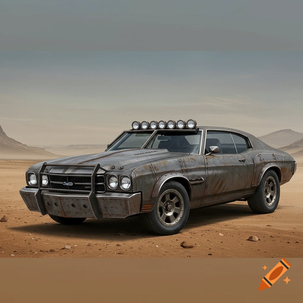A rusty, armored Chevrolet Chevelle car with lights on the roof in a desert