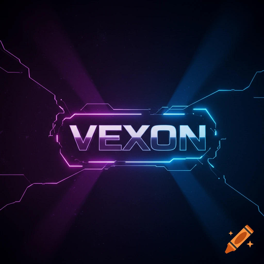 Futuristic logo for VEXON with neon purple and blue light effects and abstract circuit board lines on a dark background.