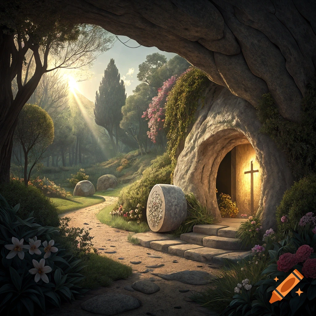 Sunlight streams into an empty cave tomb with a stone rolled away, on a path through a lush garden.
