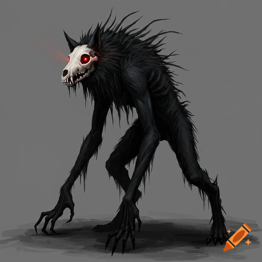 A bipedal creature with a wolf skull head, black fur, long limbs, and glowing red eyes.