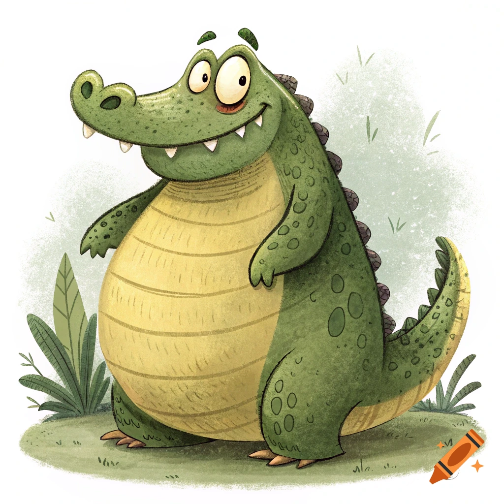 A plump, happy cartoon alligator stands in grass. Digital illustration.