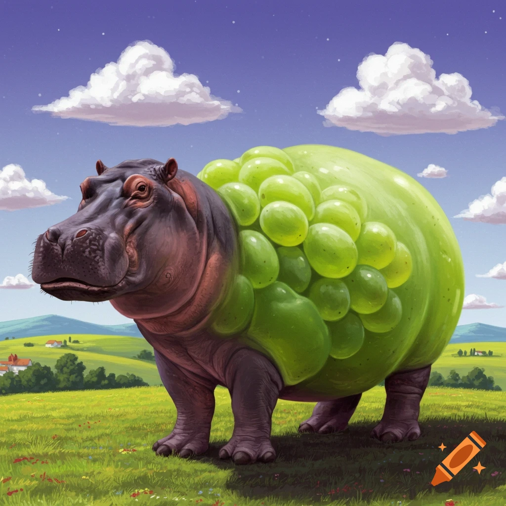 A hippo with a body made of green grapes stands in a sunny grassy field.