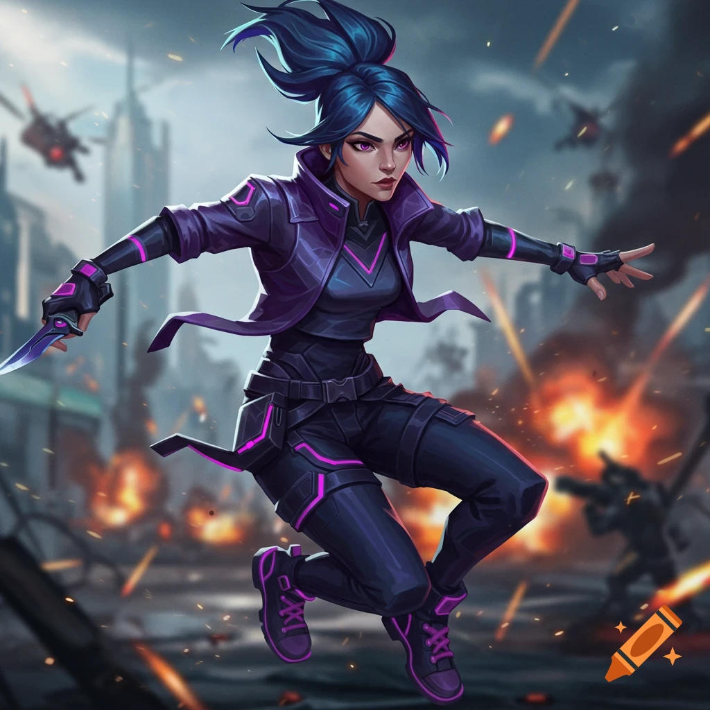 Jett from Valorant is leaping with a knife in a ruined city battlefield with explosions.