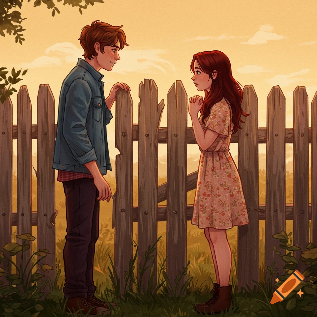 Two young people talking over a wooden fence.