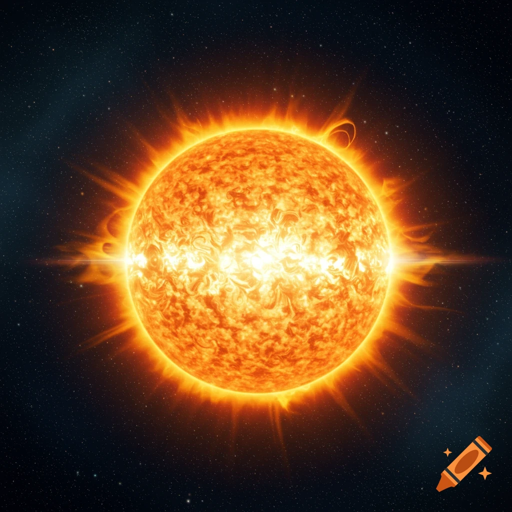 The sun with flares against a dark, starry background.