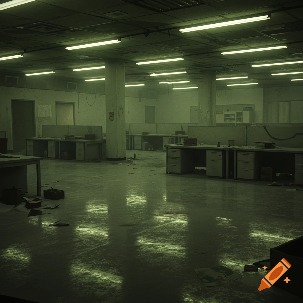 An empty, dimly lit office interior with desks, fluorescent lights, and a damp, reflective floor.