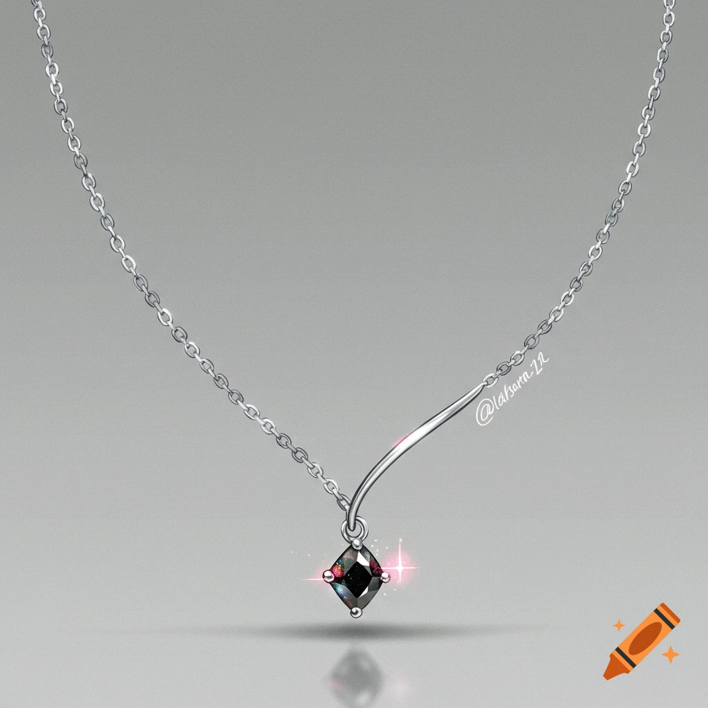 A silver necklace with a square black diamond pendant.