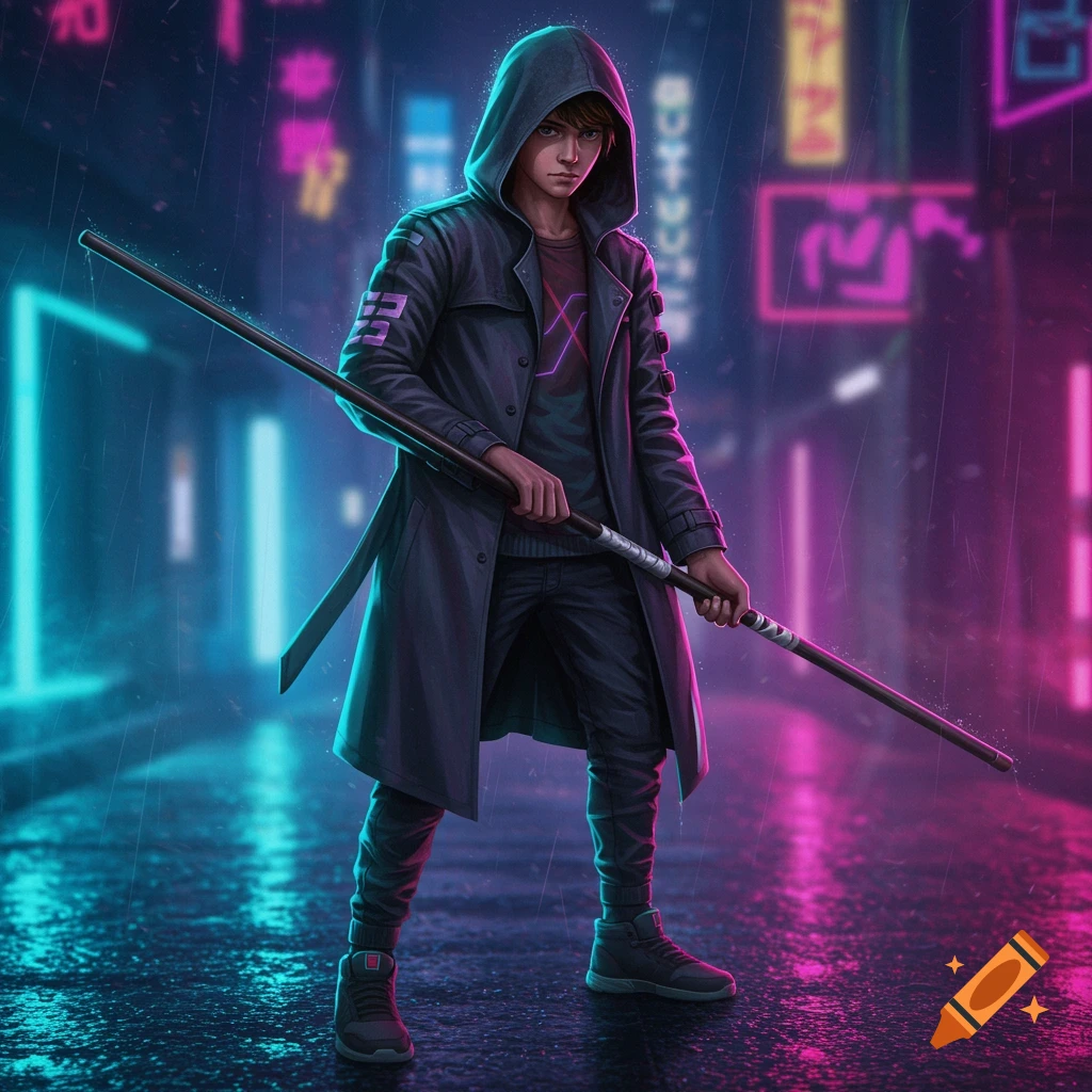 A figure in a hooded coat holds a staff in a rainy cyberpunk street with neon signs.