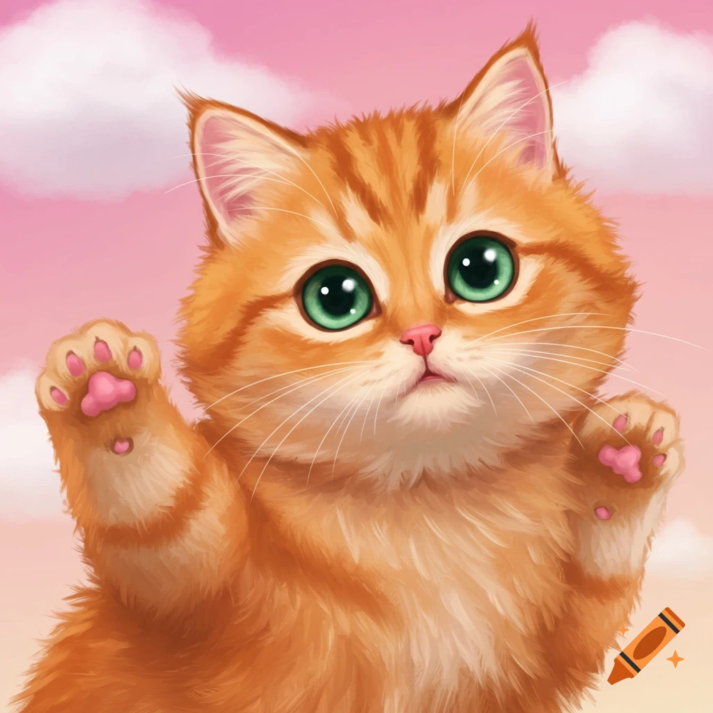 A cute orange cat with big green eyes raising paws, against a pink and cloudy sky.
