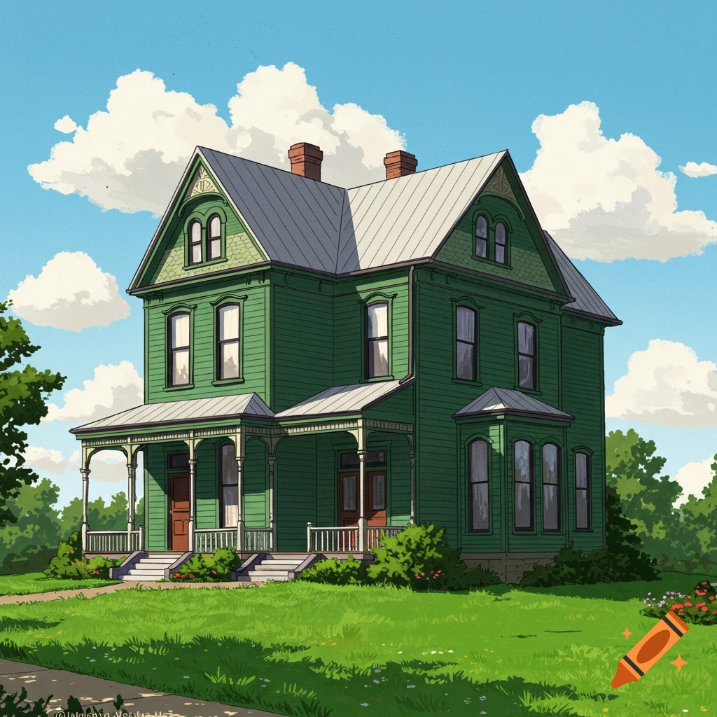 A green house with a white roof and dark windows, surrounded by green grass and trees under a blue sky with clouds.