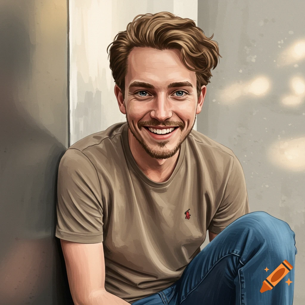 A smiling man sits against a wall