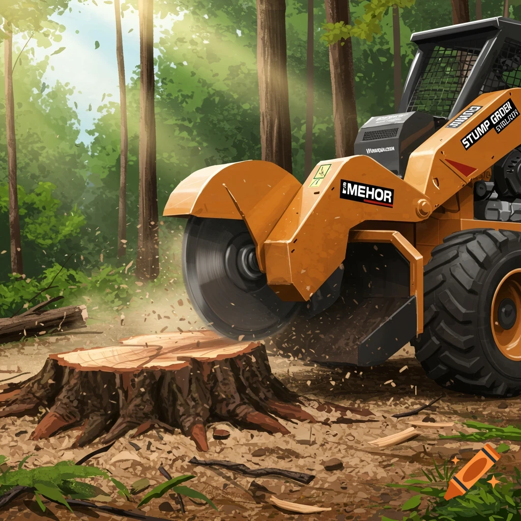 An orange stump grinder machine works on a stump in a sunlit forest.