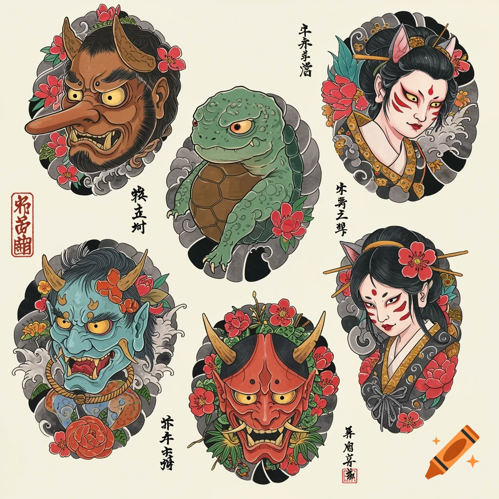 Illustrations in traditional Japanese tattoo style featuring yokai characters like demons, a turtle, and women with cat ears, with flowers and waves.