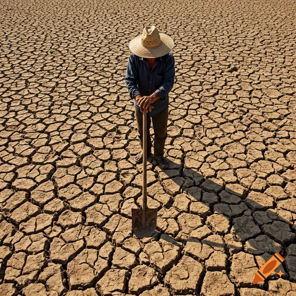 A farmer stands with a shovel on cracked, dry earth.