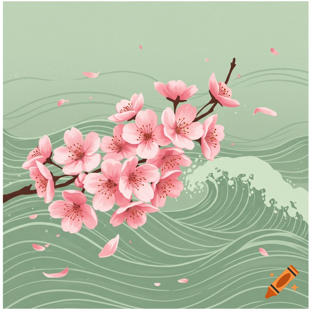 Pink cherry blossoms over sage green stylized waves.