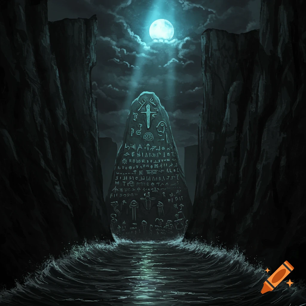 Dark fantasy painting of a glowing monolith covered in alien hieroglyphics rising from turbulent water between rocky cliffs under a full moon.