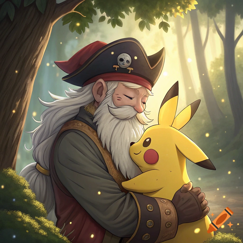 An old man in a pirate hat hugs Pikachu in a sunny forest clearing.