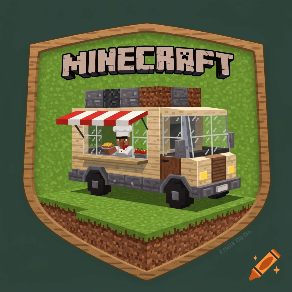Minecraft-style food truck with chef in a shield logo.