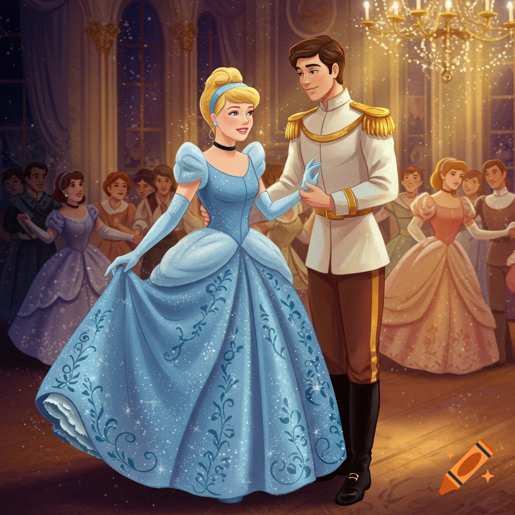 A prince and Cinderella dance at a grand ball.