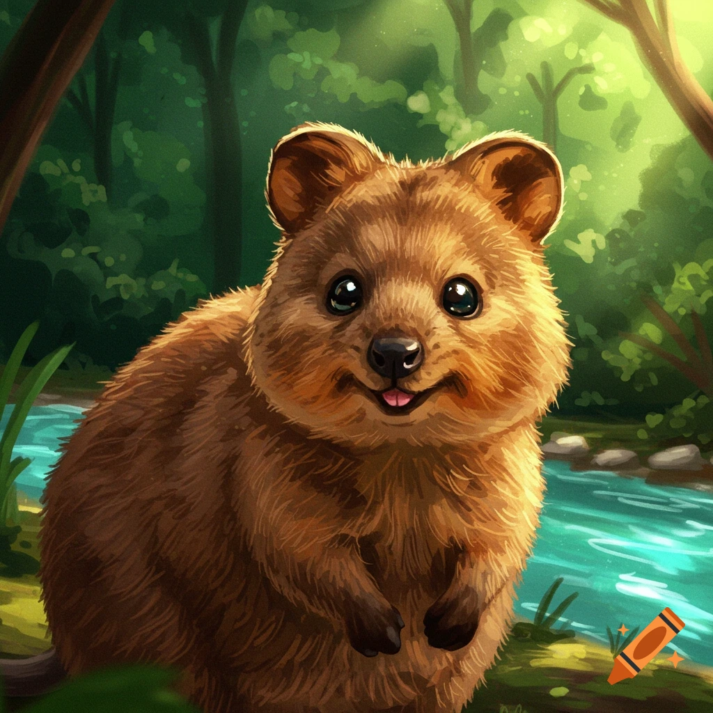 A cute quokka sits by a river in a forest.