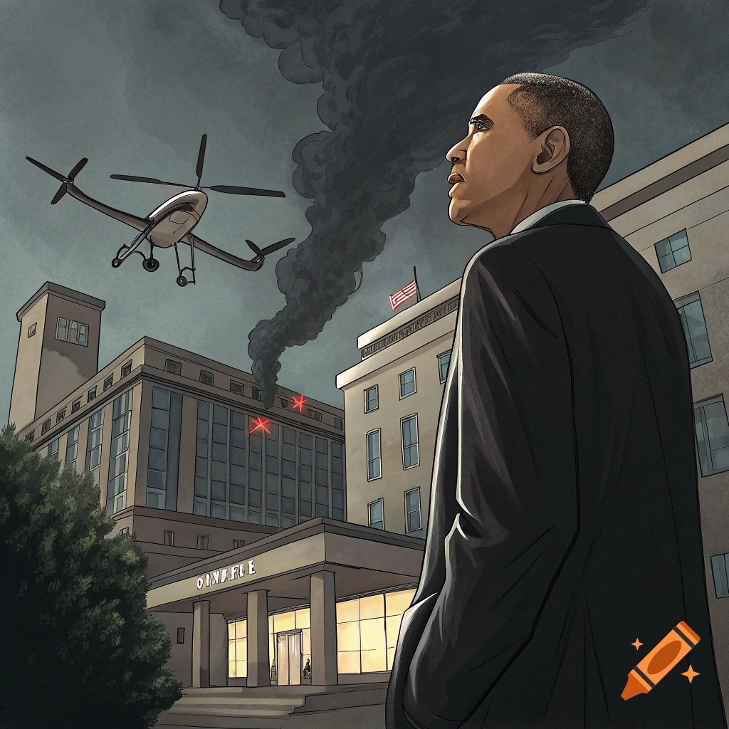 Illustration of a man resembling Obama looking at a smoke-damaged building with a drone nearby