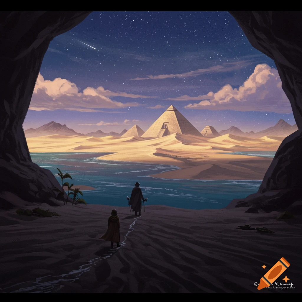 Two figures walk from a cave towards pyramids in a desert landscape with a river under a starry sky.