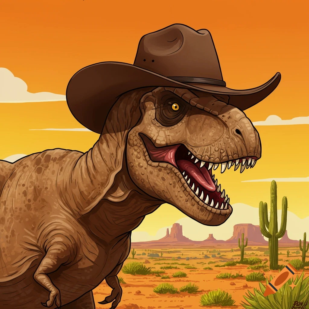A cartoon T-Rex wearing a cowboy hat in a desert landscape with cactuses and mesas.
