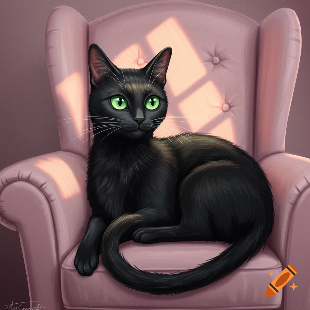 A black cat sits on a pink armchair bathed in light.