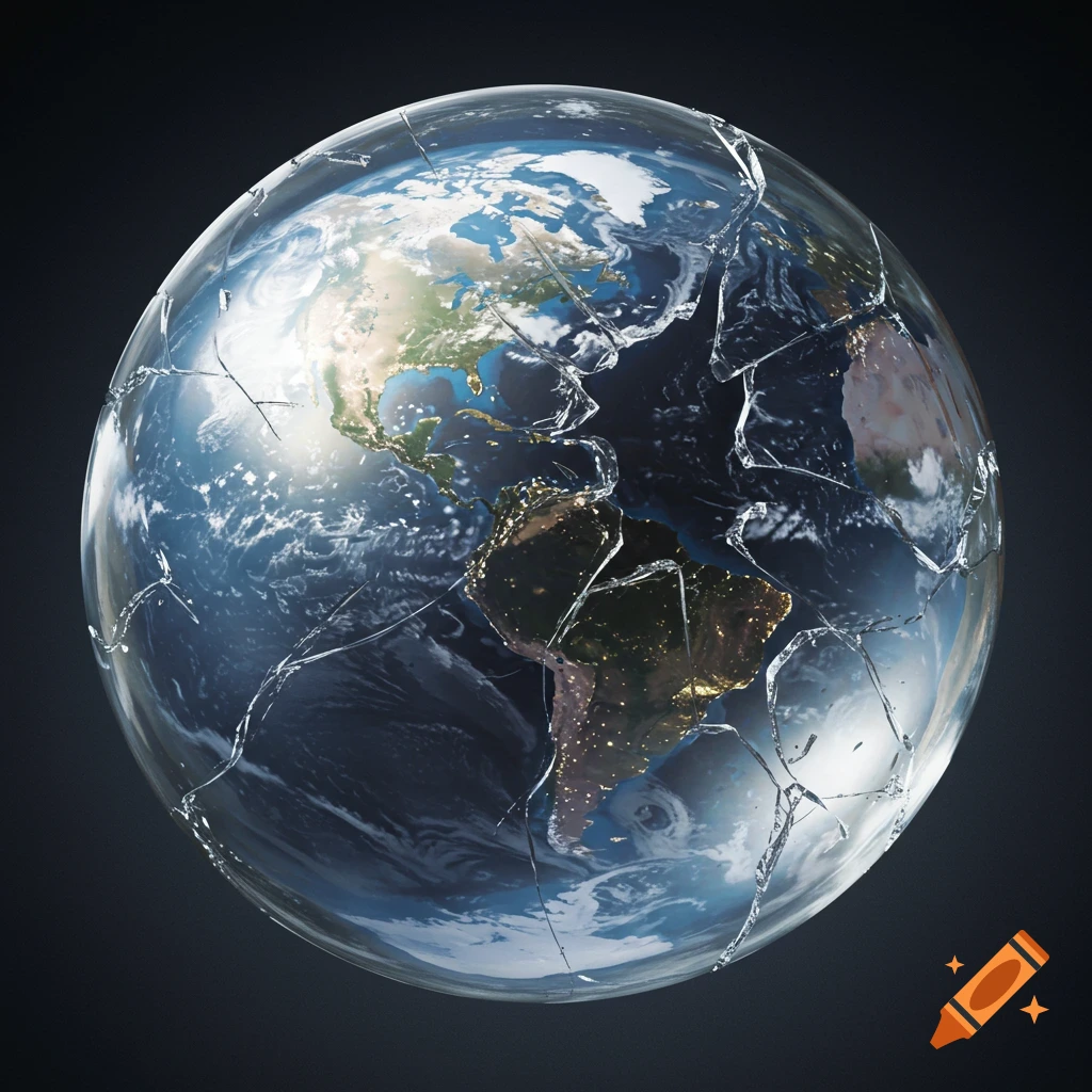 A cracked glass sphere with Earth inside