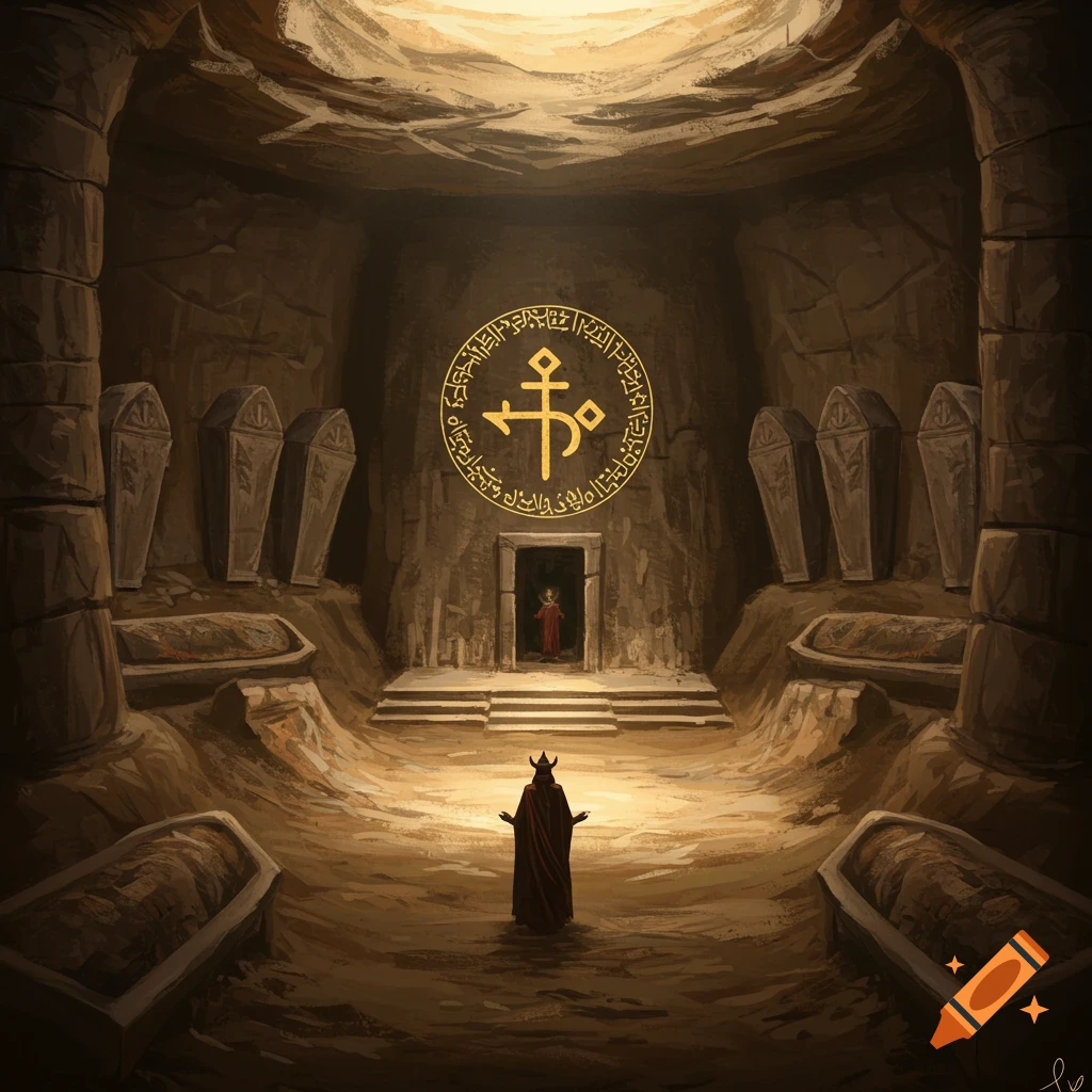 A figure in a dark cloak standing in an underground tomb with coffins and a glowing circular symbol on the back wall.