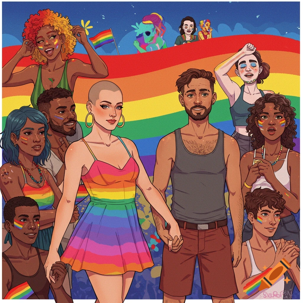 A diverse group of people celebrating Pride with rainbow flags and face paint.
