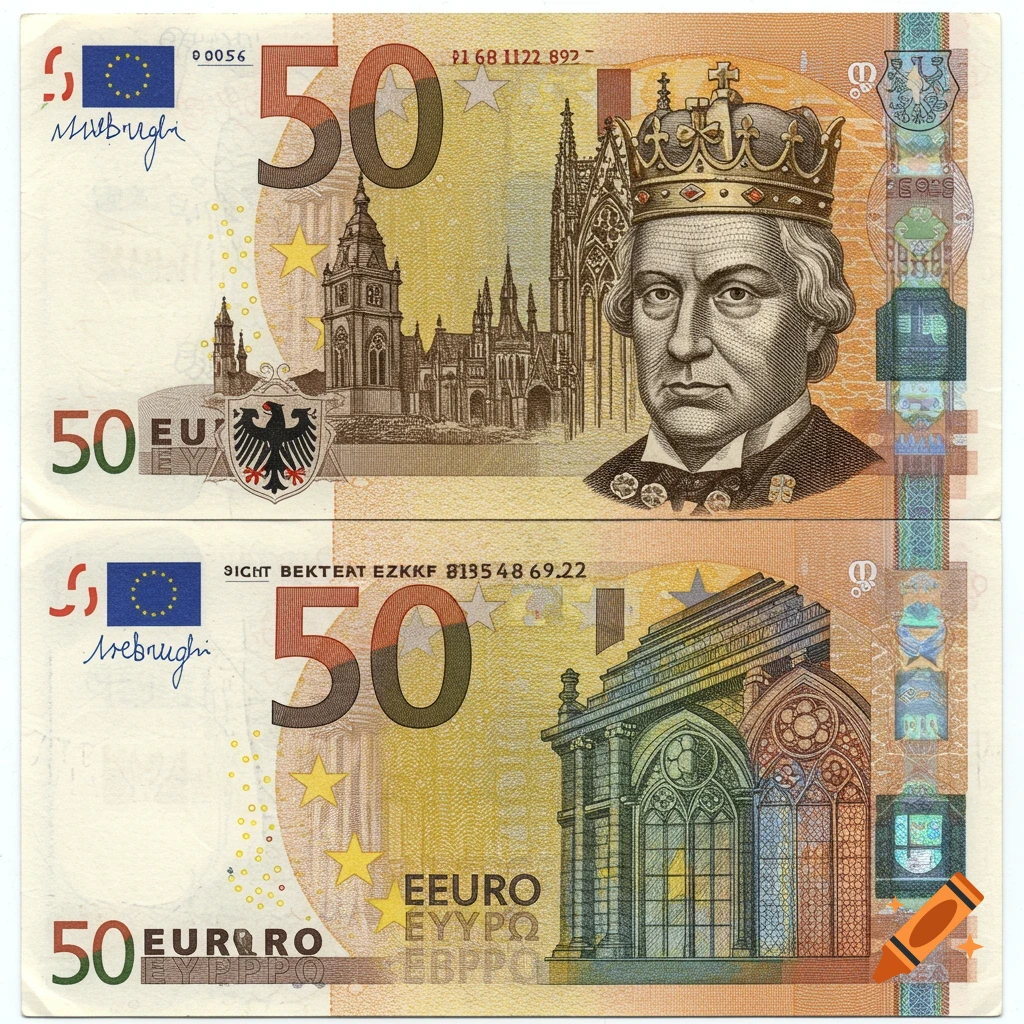 Fictional 50 euro currency bill with a portrait of a crowned man and architecture.