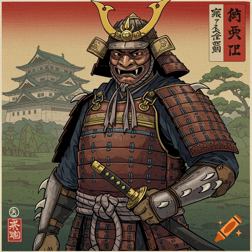 Illustration in Japanese woodblock print style of a samurai in armor and mask holding a sword with a castle background.