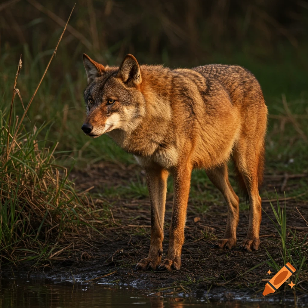 A red wolf stands beside a body of water and grass in warm, golden light.